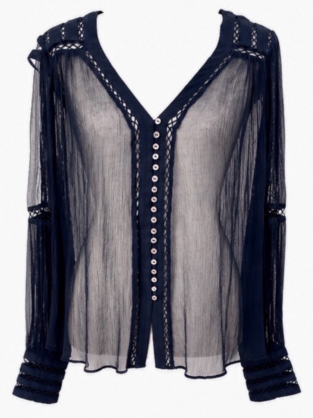 FREE PEOPLE Navy Sheer Boho Blouse | Romantic Lattice Trim Top